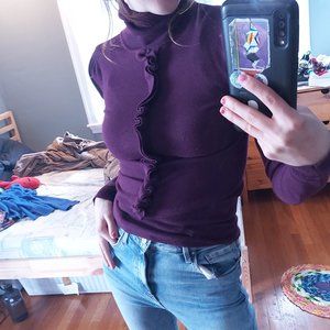 XS Elegant Violet Turtleneck Stretch Longsleeve Shirt with frill detail